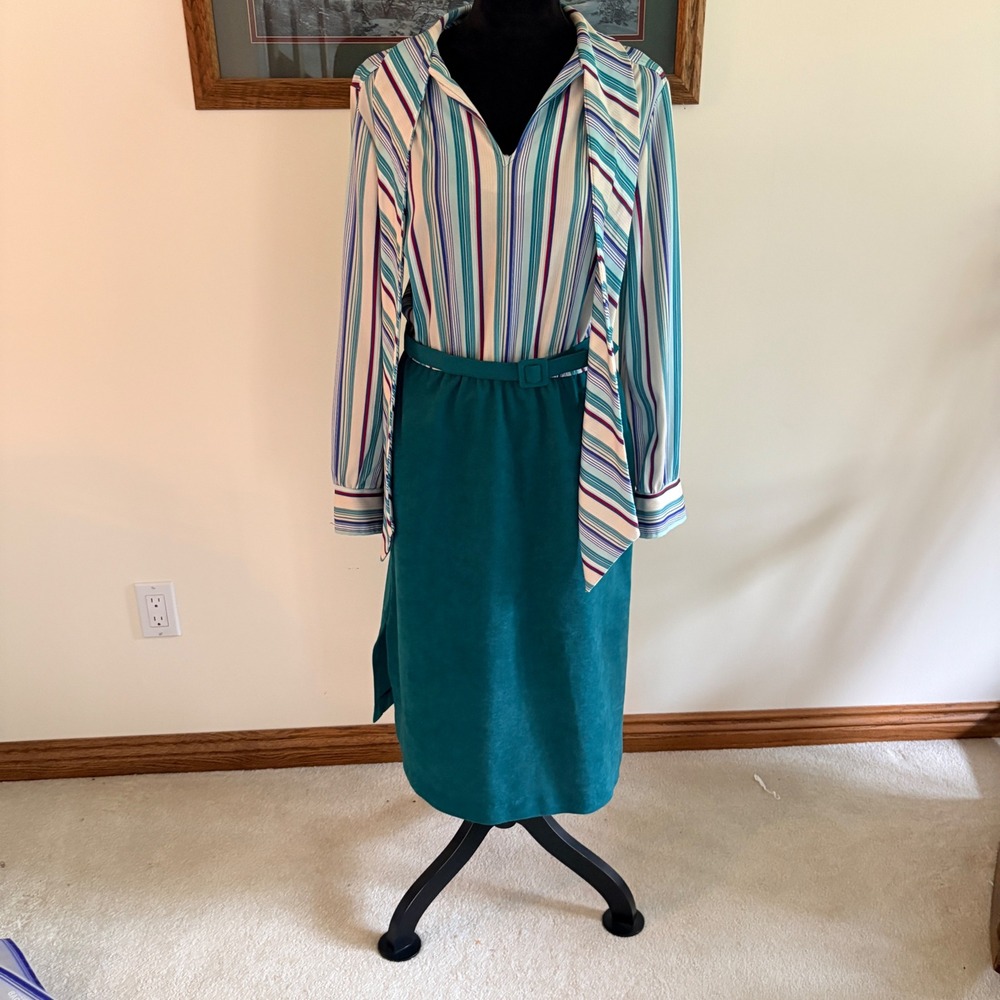 Vintage Striped Tie Neck Midi Dress Womens 14 Teal Faux Suede Skirt Long Sleeve